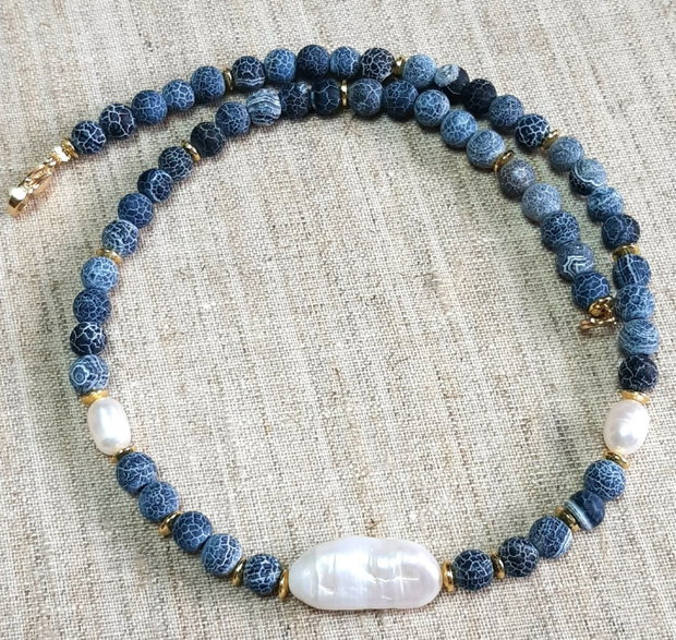 Colier cu agate crakle si perl baroc