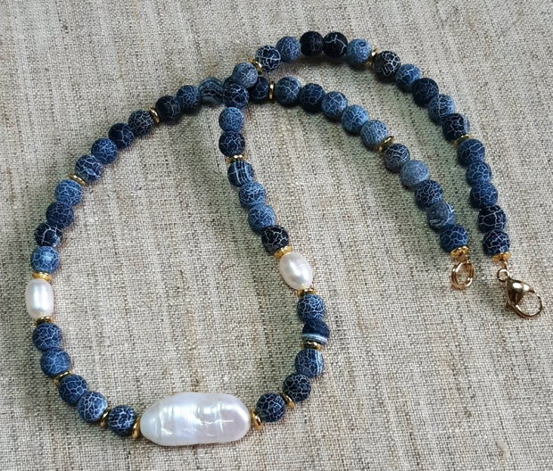 Colier cu agate crakle si perl baroc