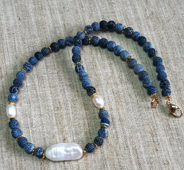 Colier cu agate crakle si perl baroc