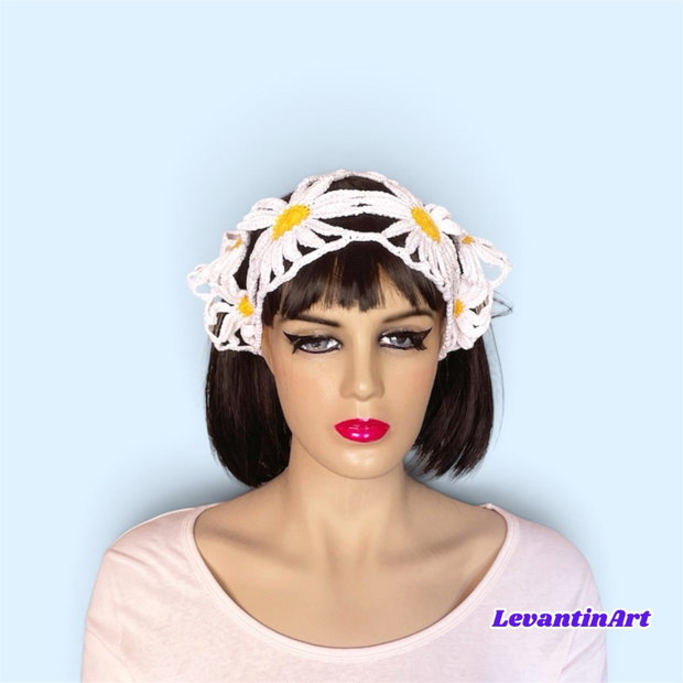 Batic Croșetat Manual cu Margarete, Batic Floral pentru Femei, Accesoriu de Păr Boho, Batic Triunghiular din Flori Handmade