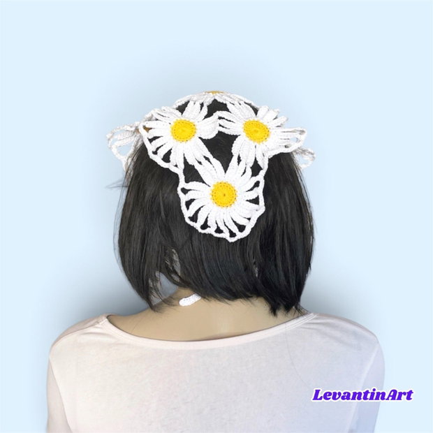 Batic Croșetat Manual cu Margarete, Batic Floral pentru Femei, Accesoriu de Păr Boho, Batic Triunghiular din Flori Handmade
