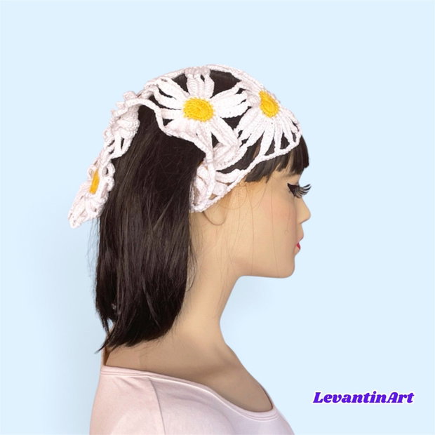 Batic Croșetat Manual cu Margarete, Batic Floral pentru Femei, Accesoriu de Păr Boho, Batic Triunghiular din Flori Handmade