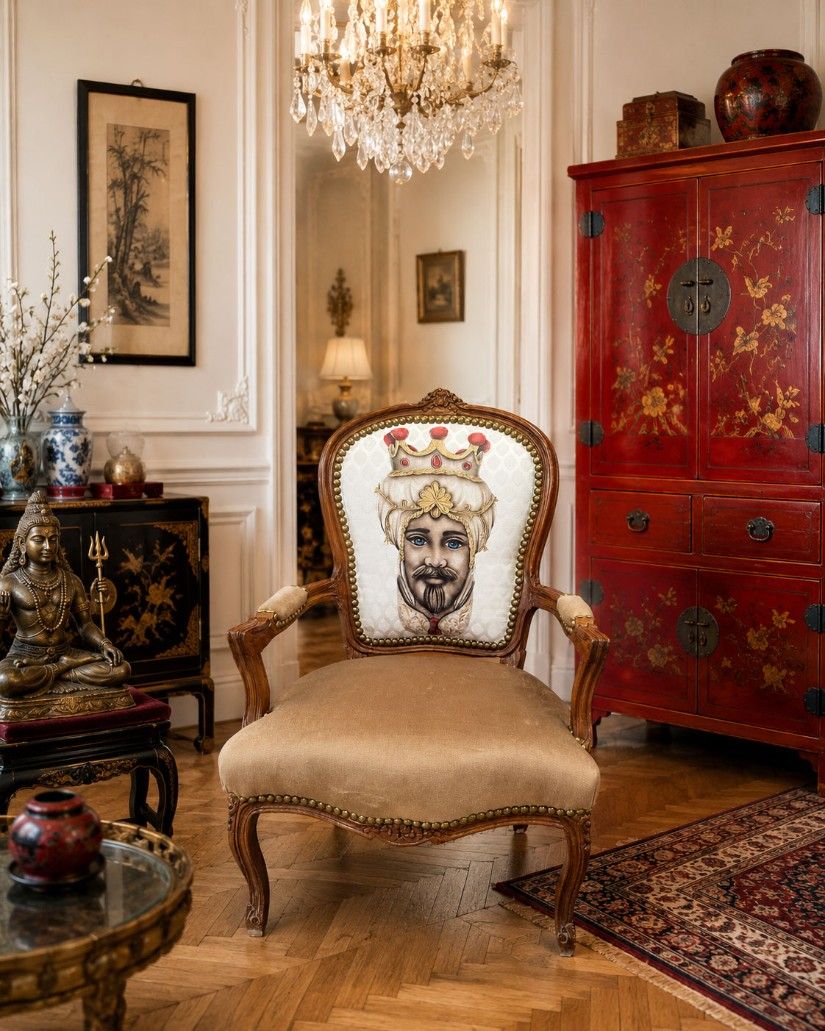 Semifotoliu baroc lemn masiv mahon cu medalion maharajah
