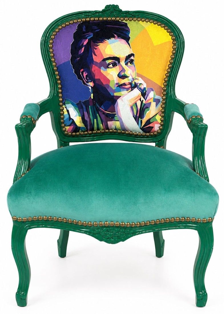 Semifotoliu baroc lemn masiv verde cu medalion Frida Kahlo