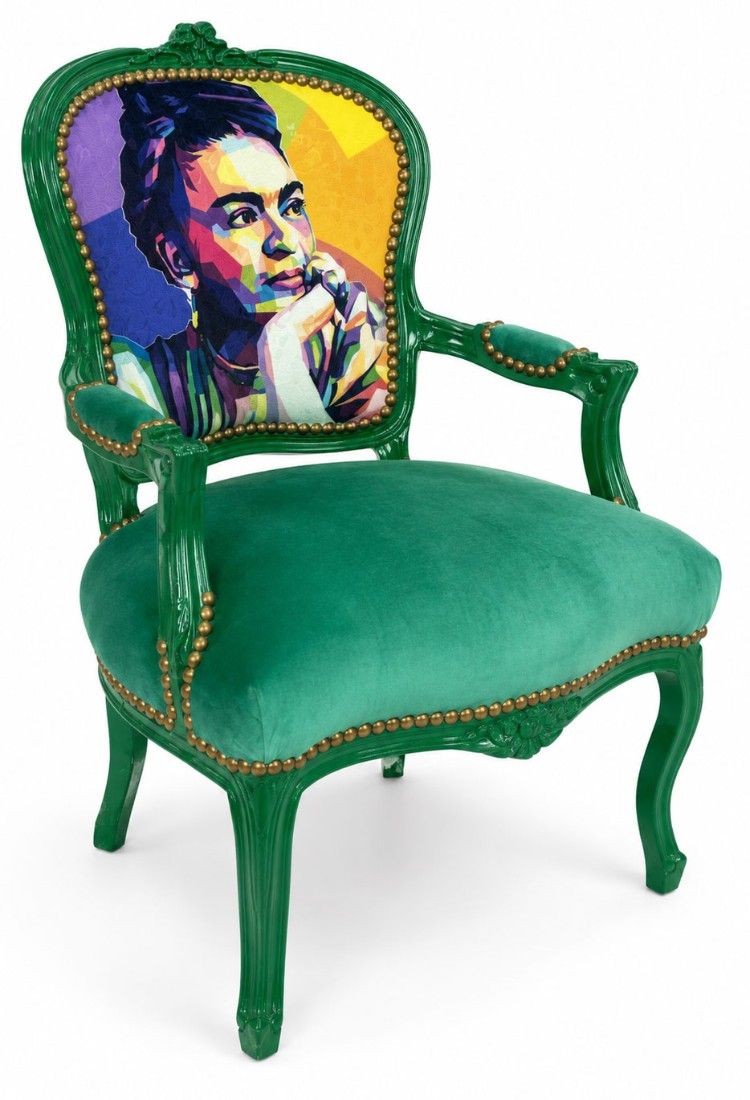 Semifotoliu baroc lemn masiv verde cu medalion Frida Kahlo