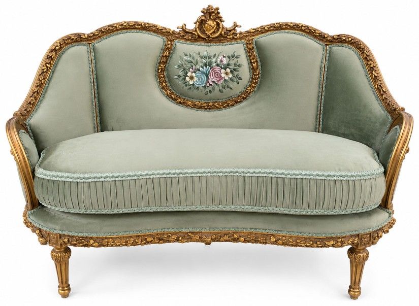 Sofa baroc din lemn masiv cu tapiterie vernil și Cupidoni