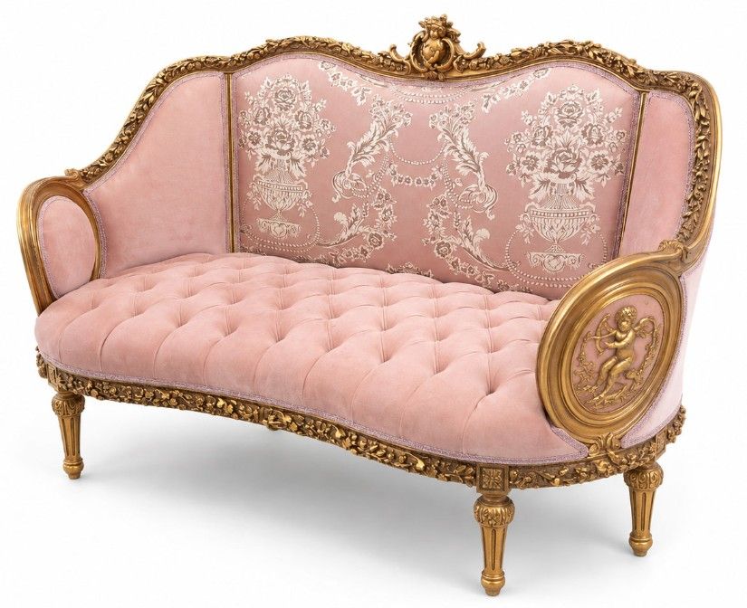 Sofa baroc din lemn masiv cu tapiterie roz și Cupidoni