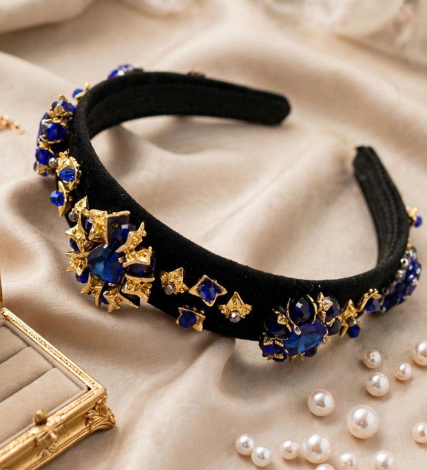 Coronita unicat brodata cu cristale albastre, Diadema, Coronita cu cristale, Accesoriu pentru par, Coronita eleganta, Tiara