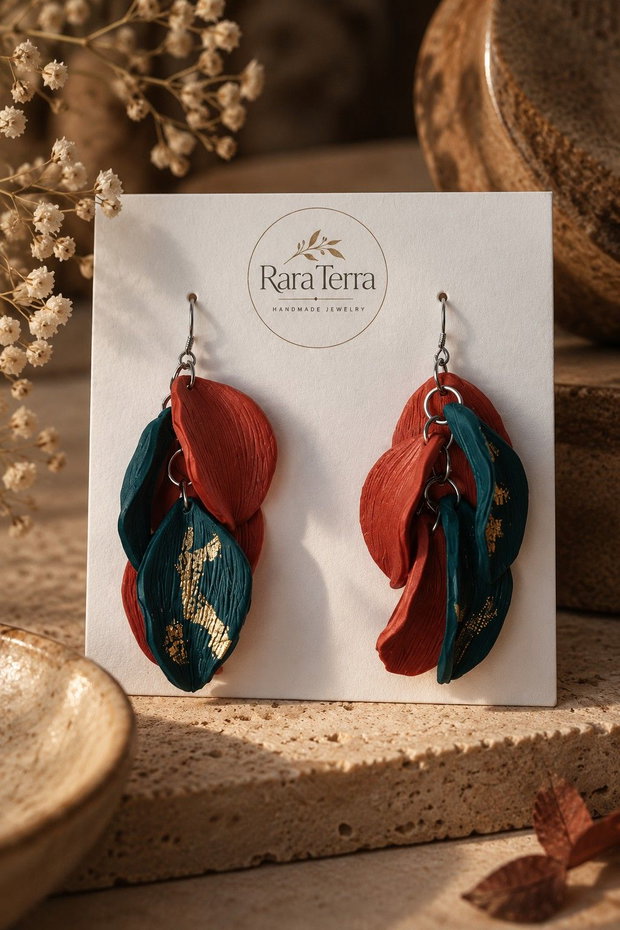 Cercei statement Botanica  Pumpkin & Moss | Lut polimeric și foiță aurie | RaraTerra