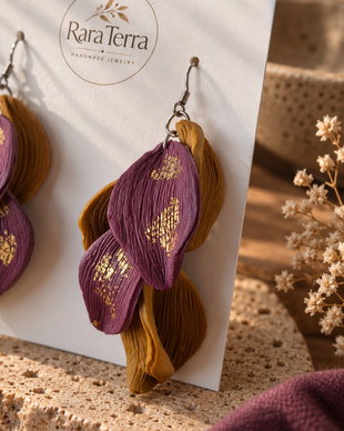 Cercei statement Botanica  Plum & Ochre | Lut polimeric și foiță aurie | RaraTerra