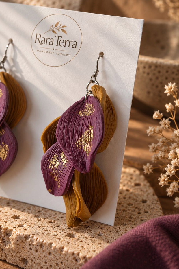 Cercei statement Botanica Plum & Ochre | Lut polimeric și foiță aurie | RaraTerra