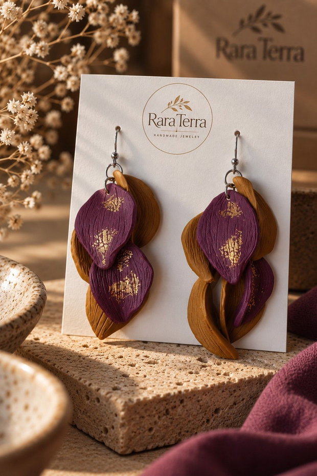 Cercei statement Botanica Plum & Ochre | Lut polimeric și foiță aurie | RaraTerra