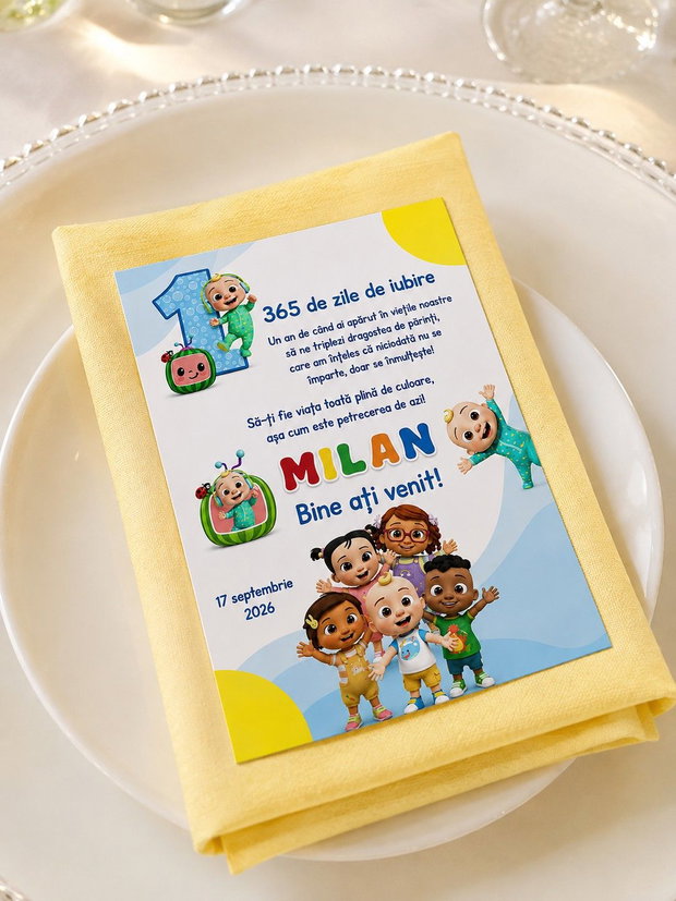 Cartonașe personalizate pentru invitați Cocomelon