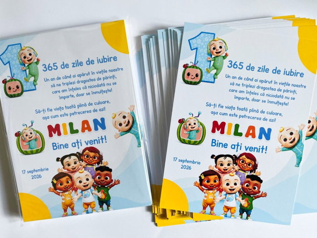 Cartonașe personalizate pentru invitați Cocomelon
