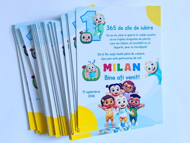 Cartonașe personalizate pentru invitați Cocomelon