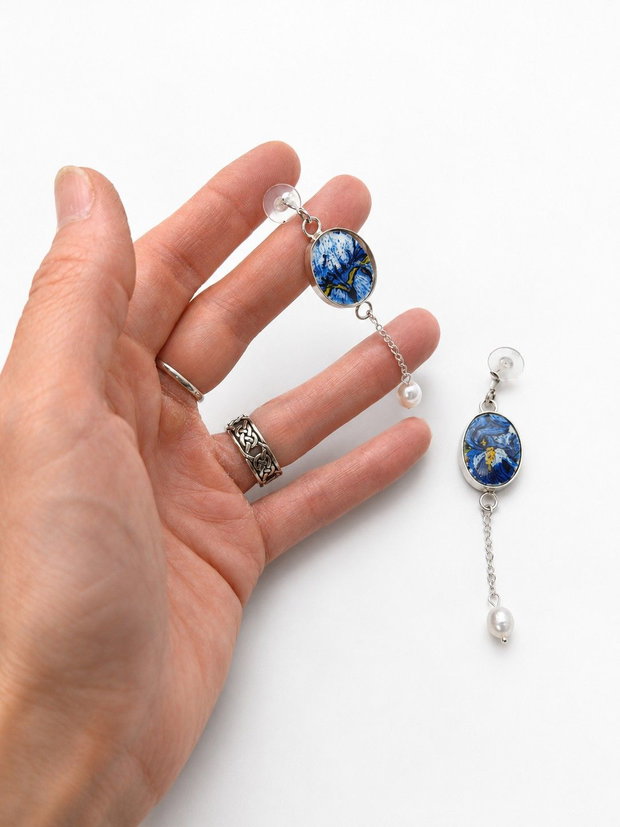 Cercei "Blue Iris Pearl" din argint, perla de cultura si fragmente de portelan