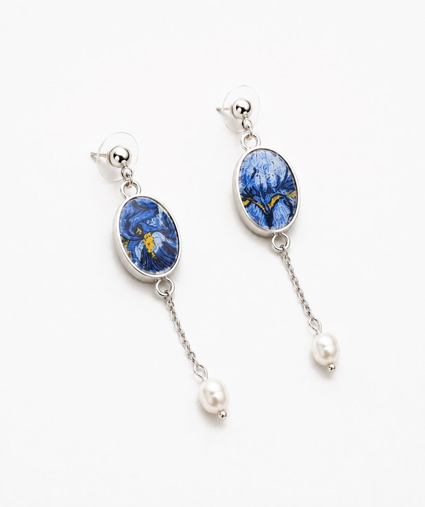 Cercei "Blue Iris Pearl" din argint, perla de cultura si fragmente de portelan