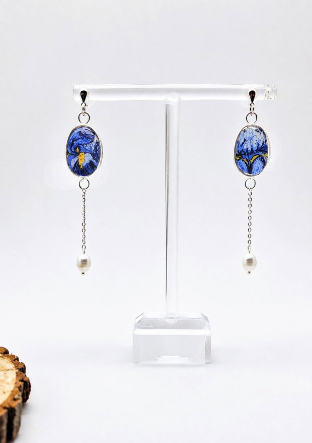 Cercei "Blue Iris Pearl" din argint, perla de cultura si fragmente de portelan