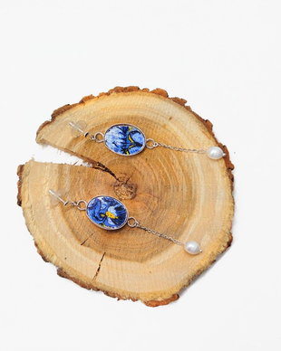 Cercei "Blue Iris Pearl" din argint, perla de cultura si fragmente de portelan