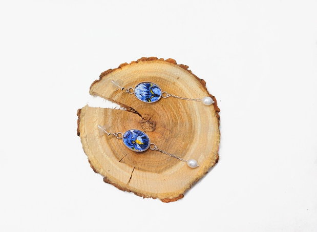 Cercei "Blue Iris Pearl" din argint, perla de cultura si fragmente de portelan