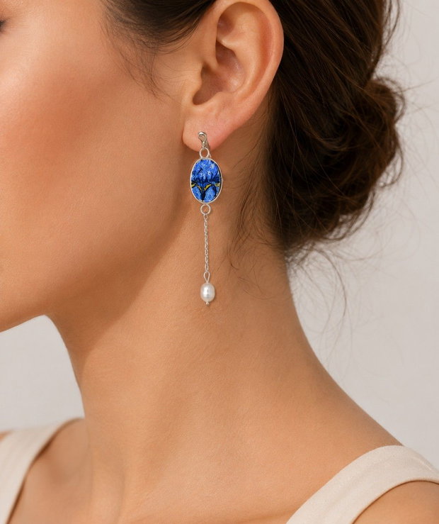 Cercei "Blue Iris Pearl" din argint, perla de cultura si fragmente de portelan