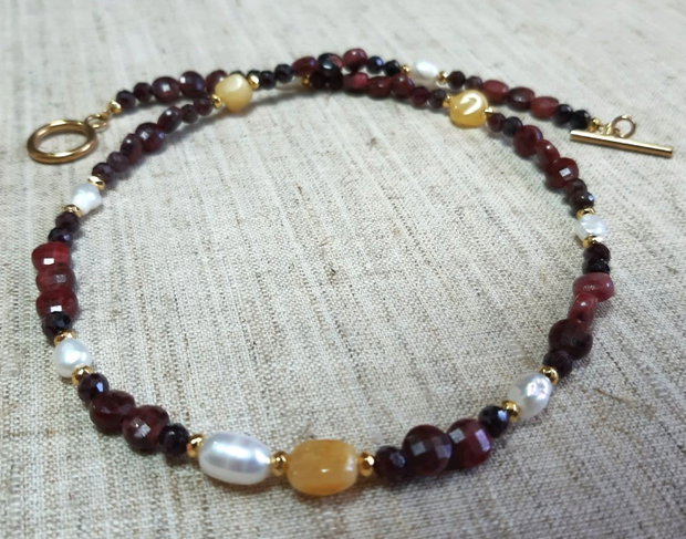 Colier handmade - Granat, rodonit, perle și chihlimbar
