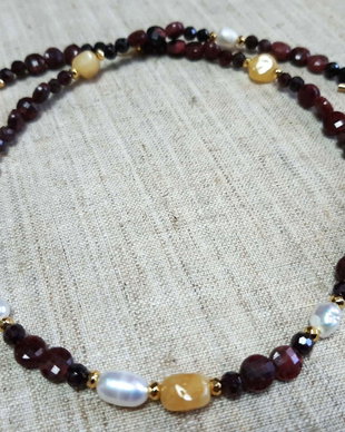 Colier handmade - Granat, rodonit, perle și chihlimbar