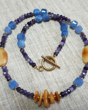 Colier handmade - Ametist, jad bleu și chihlimbar