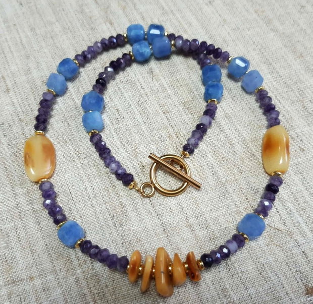 Colier handmade - Ametist, jad bleu și chihlimbar
