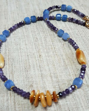 Colier handmade - Ametist, jad bleu și chihlimbar