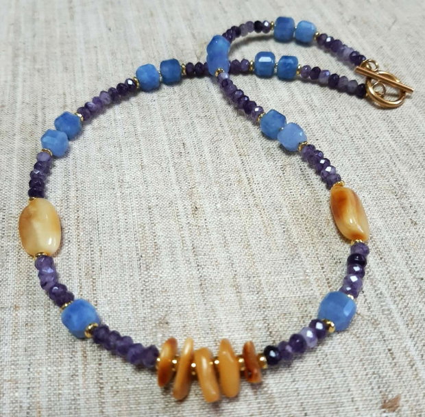 Colier handmade - Ametist, jad bleu și chihlimbar