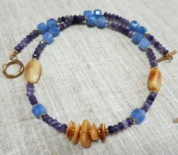 Colier handmade - Ametist, jad bleu și chihlimbar