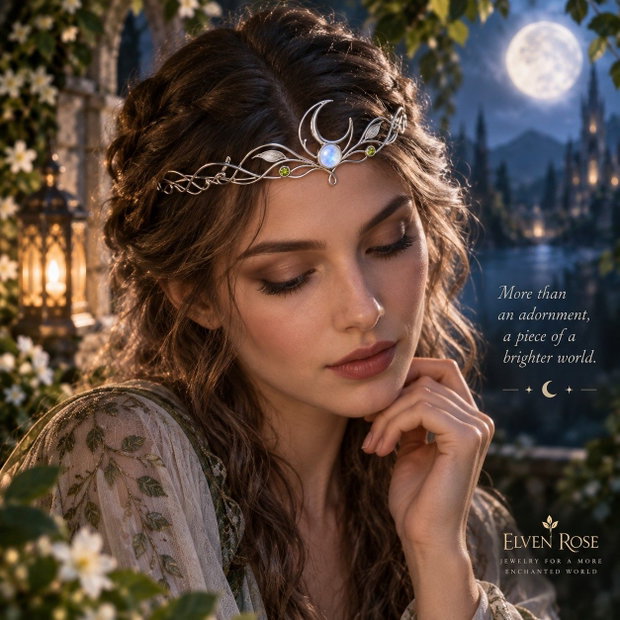 Moonlit Bough Tiara Tiara Elfică cu Moonstone și Peridot