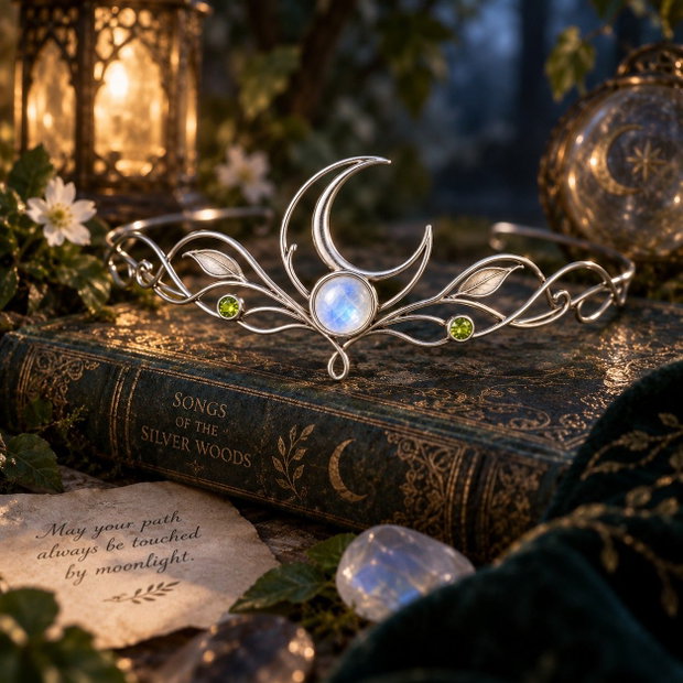 Moonlit Bough Tiara Tiara Elfică cu Moonstone și Peridot