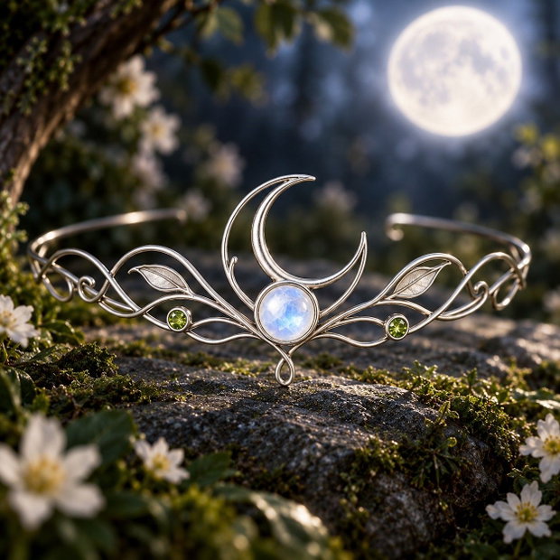 Moonlit Bough Tiara Tiara Elfică cu Moonstone și Peridot