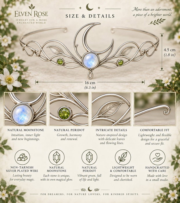 Moonlit Bough Tiara Tiara Elfică cu Moonstone și Peridot