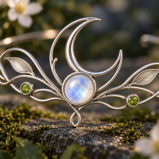 Moonlit Bough Tiara Tiara Elfică cu Moonstone și Peridot