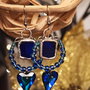 Cercei unicat lungi albastru din sticla vitralii, mărgele sticla și cristal Swarovski