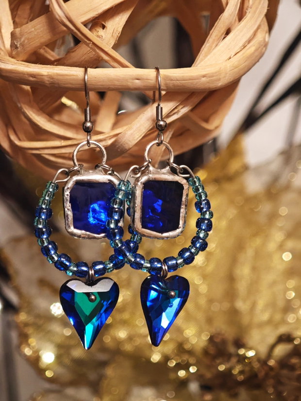 Cercei unicat lungi albastru din sticla vitralii, mărgele sticla și cristal Swarovski
