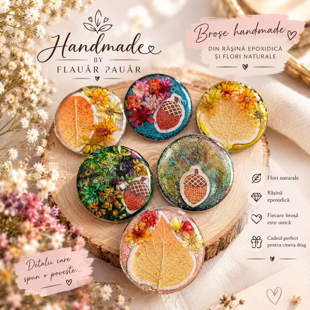 Broșă handmade realizată din rășină epoxica și flori naturale
