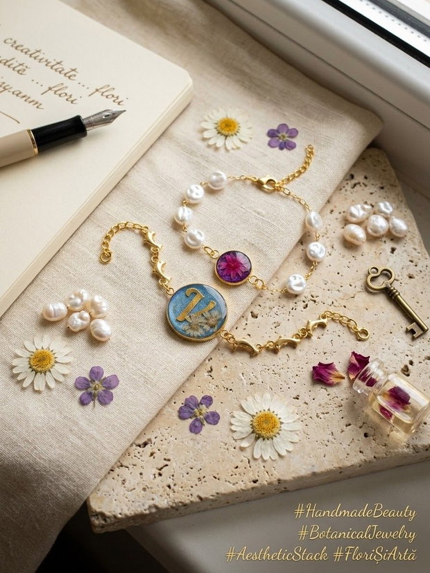 Brățara handmade din rășină epoxica și flori naturale
