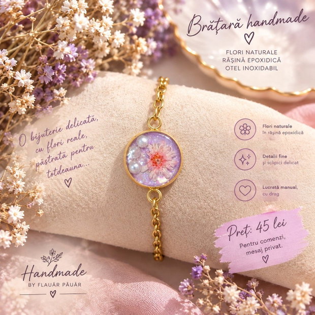 Brățara handmade din rășină epoxica și flori naturale