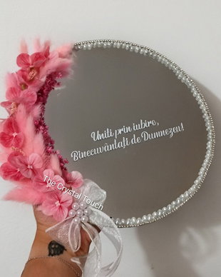 Suport personalizat pentru verighete tip oglindă  decor floral roz