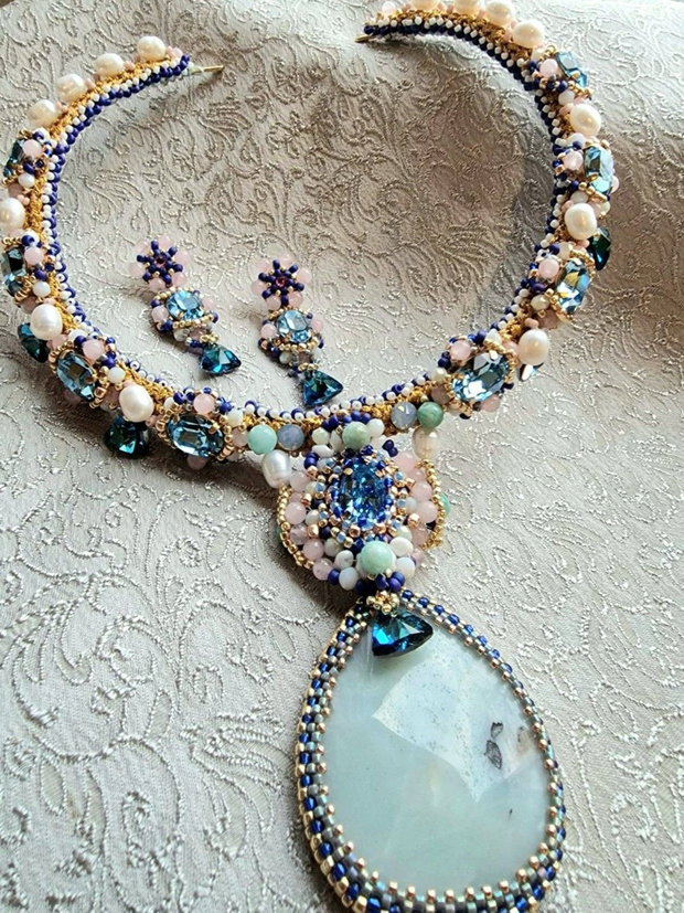 Colier amazonit,quartz roz,perle cultura,cristale  swarovski