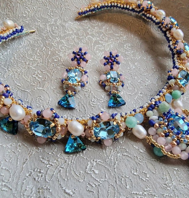 Colier amazonit,quartz roz,perle cultura,cristale  swarovski