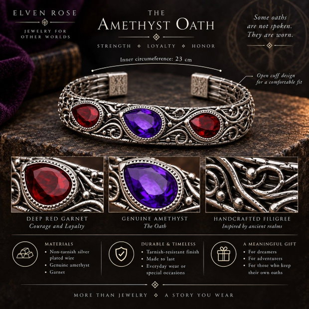 The Amethyst Oath - Brățară cuff bărbătească cu ametist și granat