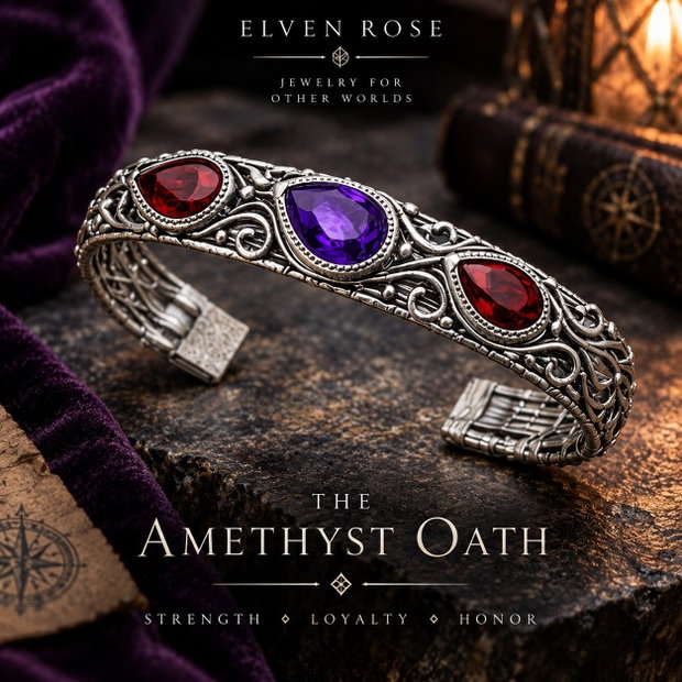 The Amethyst Oath - Brățară cuff bărbătească cu ametist și granat