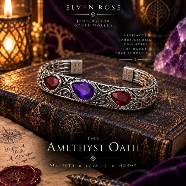 The Amethyst Oath - Brățară cuff bărbătească cu ametist și granat