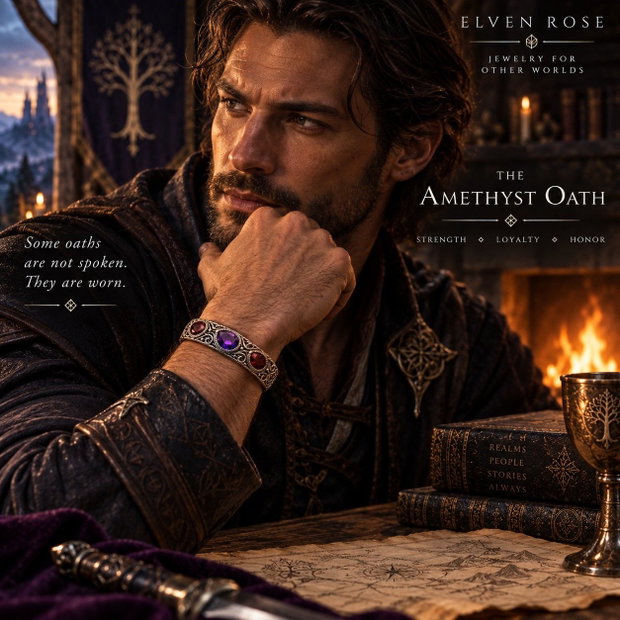 The Amethyst Oath - Brățară cuff bărbătească cu ametist și granat