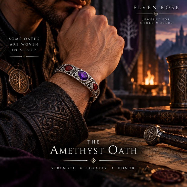 The Amethyst Oath - Brățară cuff bărbătească cu ametist și granat